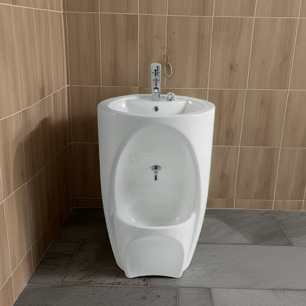 white wudu basin against a tiled bathroom background.