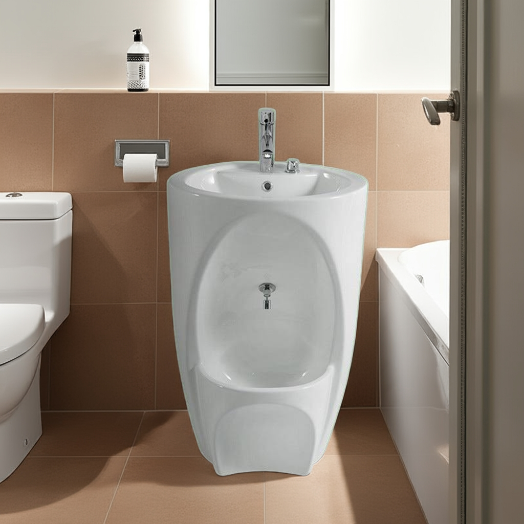 White Wudu Sink in a bathroom setting with tiled walls and floor.