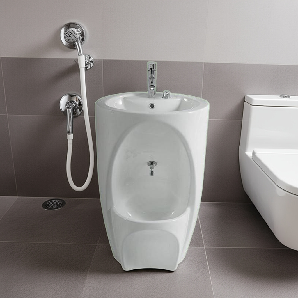 white wudu wash basin in a bathroom next to urinal