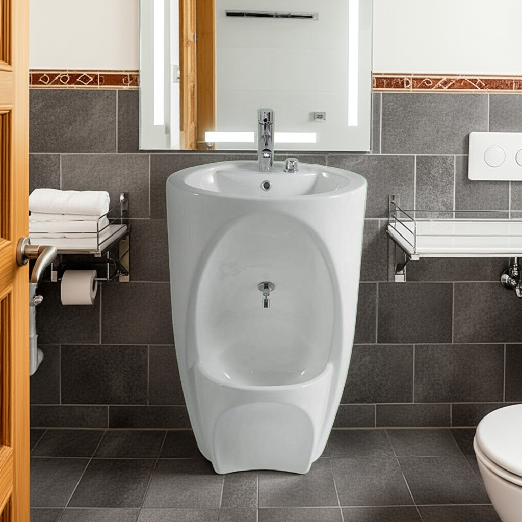 white wudu ceramic sink with a tiled bathroom background