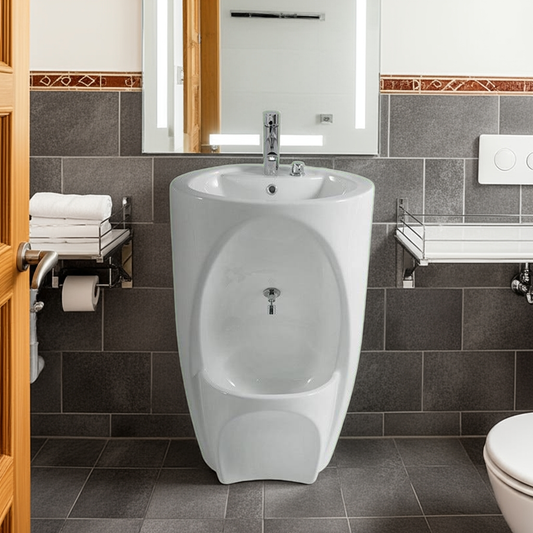 white wudu ceramic sink with a tiled bathroom background