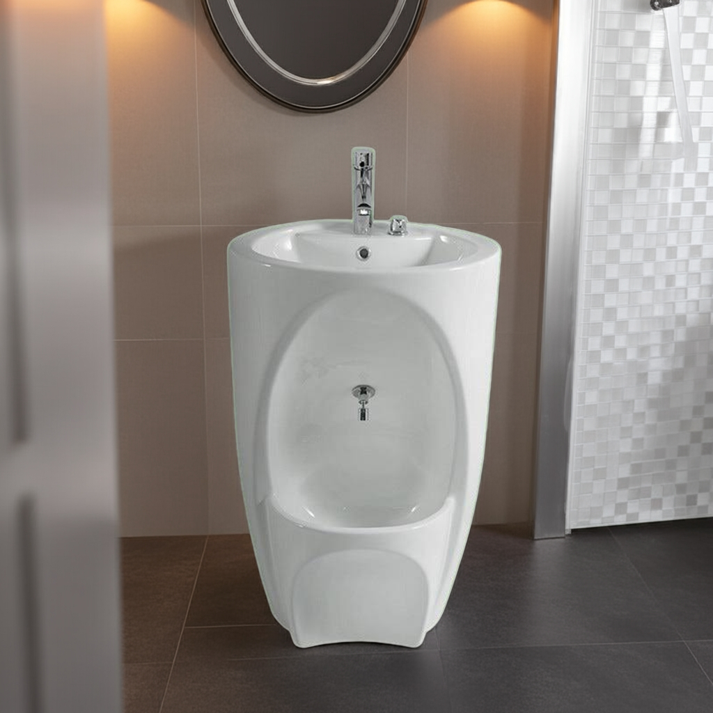 White Wudu Basin in a bathroom setting with tiled walls and floor.