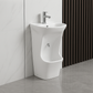 White Wudu ablution sink against a tiled wall with a dark panel